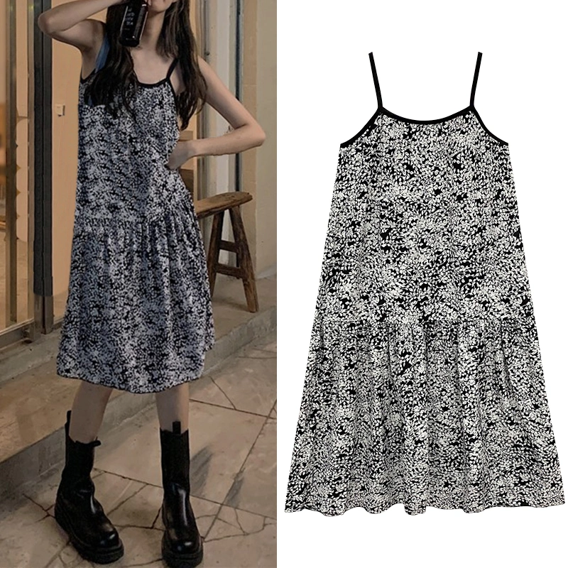 Women’s Floral U-neck Backless Suspender A-line Mid-length Dress