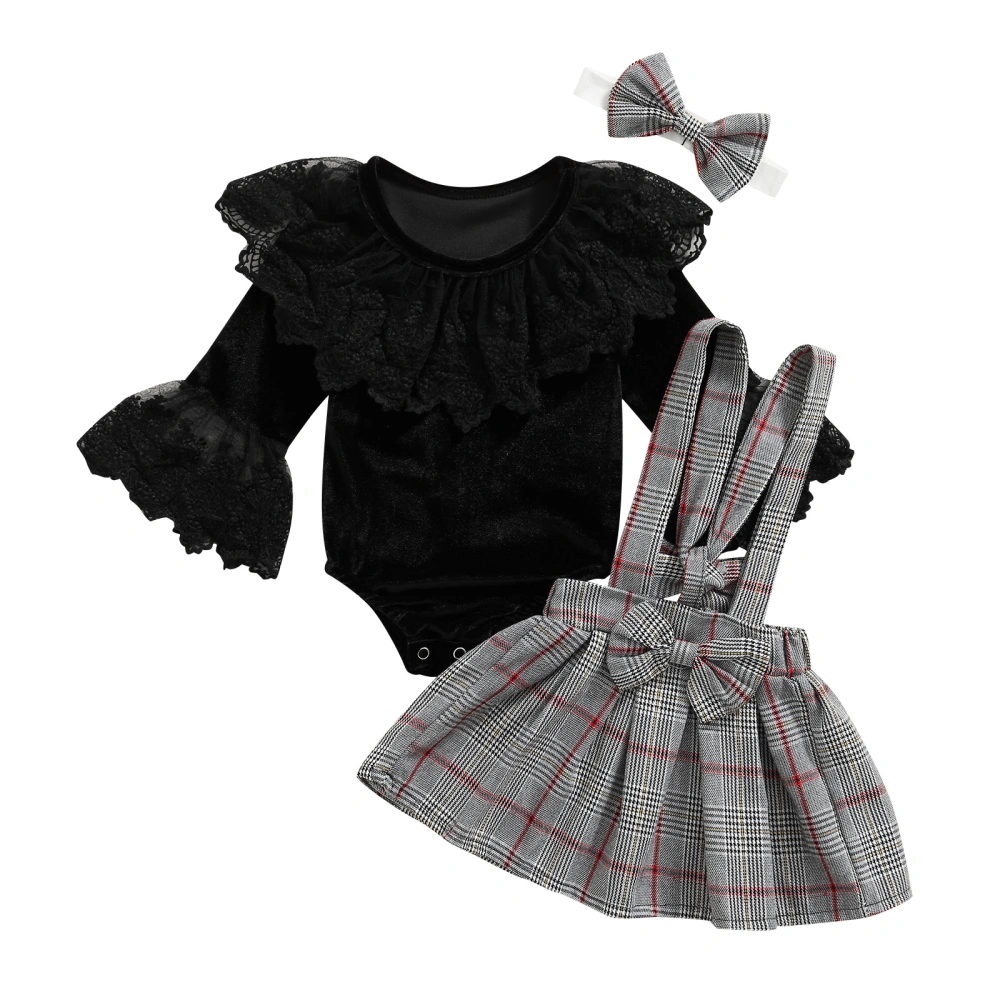 Baby Romper Set, Solid Romper Shoulder Strap Bowknot Skirt Hairband