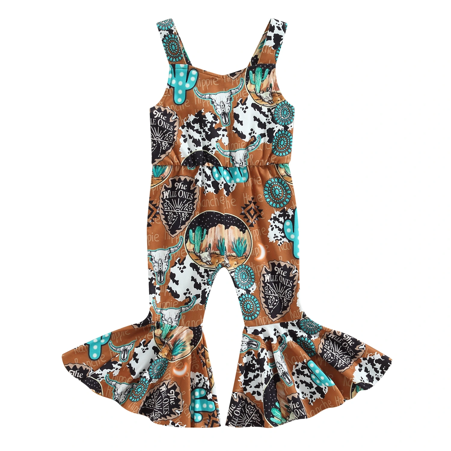 Kid Girl Suspender Jumpsuit Bullhead Cactus Print Flared Rompers Pants