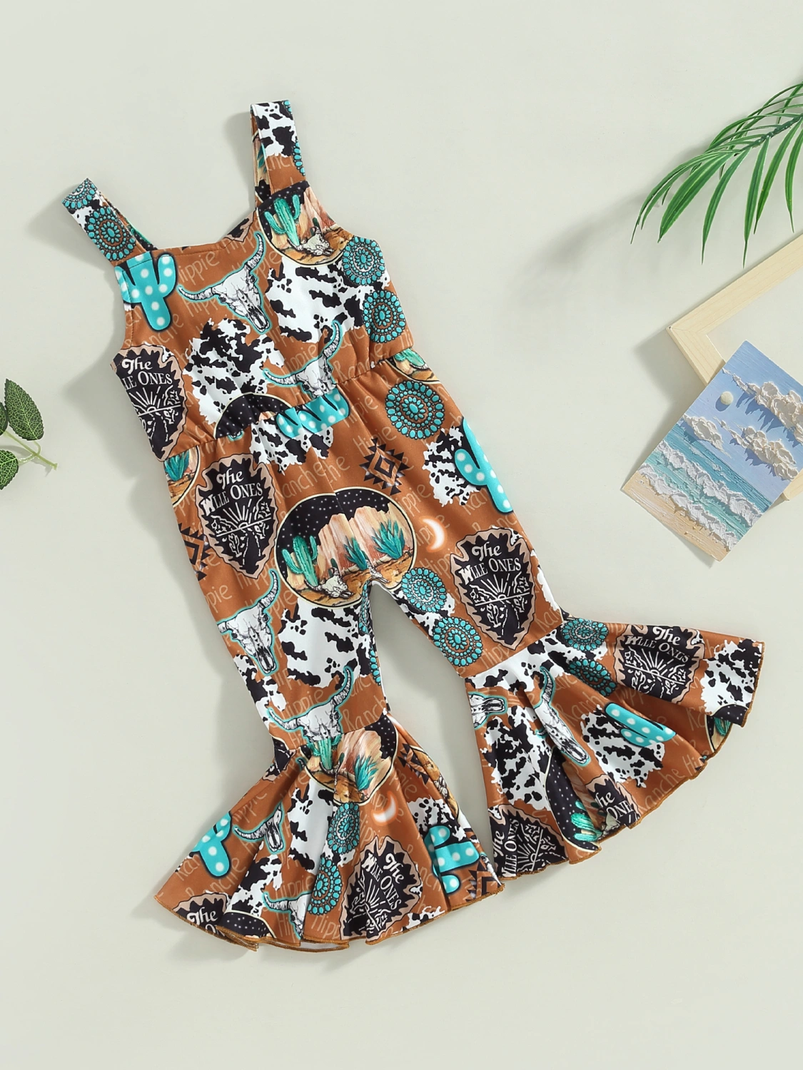 Kid Girl Suspender Jumpsuit Bullhead Cactus Print Flared Rompers Pants