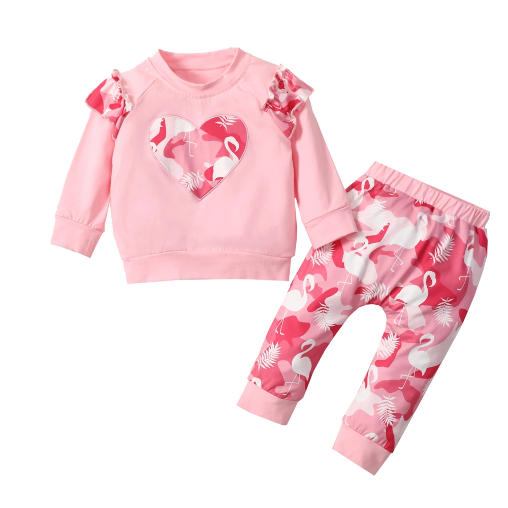 Toddler Girls 2Pcs Fall Outfits, Ruffle Bird Print Pullover and Pants