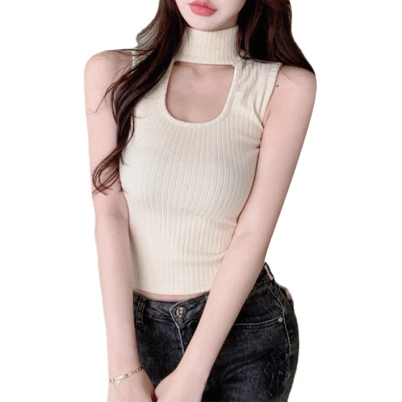 Women Knitting Shirt Sleeveless High Neck Wrapped Tops Knit Vest