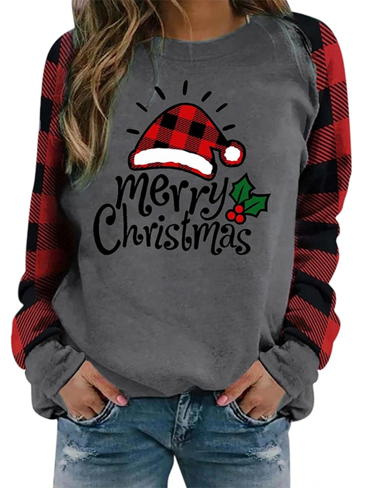 Christmas Plaid & Cartoon Print Long Sleeve Round Neck Sweatshirt