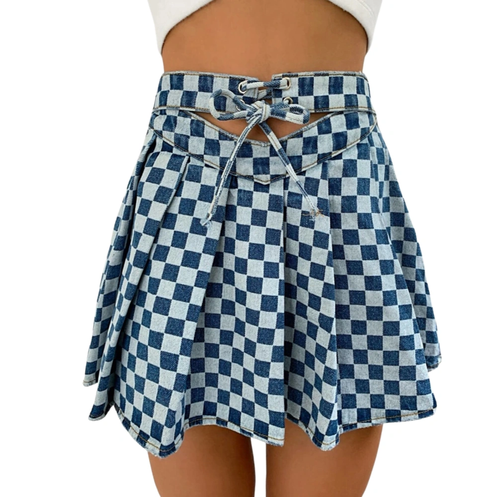 Women's Mini Denim Skirt, High Waist Plaid Print Lace-Up Pleated Skirt