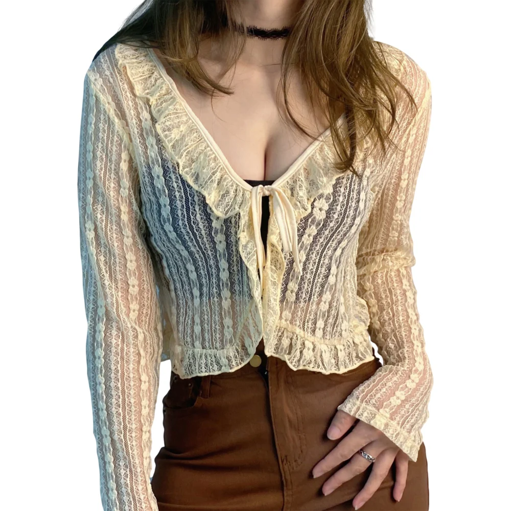 Floral Lace Cardigan, Tie-up See-through V-neck Ruffle Crop Tops