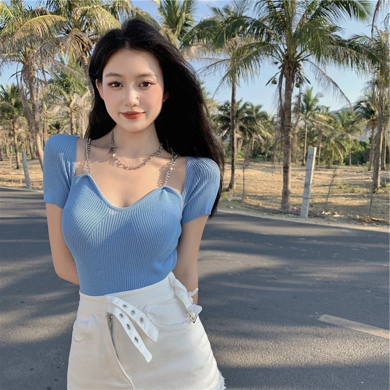 Women Rib Knit Tops, Short Sleeve Chain Strap Solid Color T-Shirts