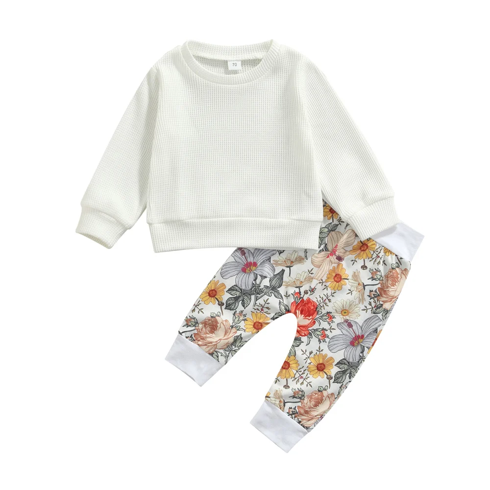 Baby Girls Clothes Set, Solid Color Pullover and Floral Print Trousers