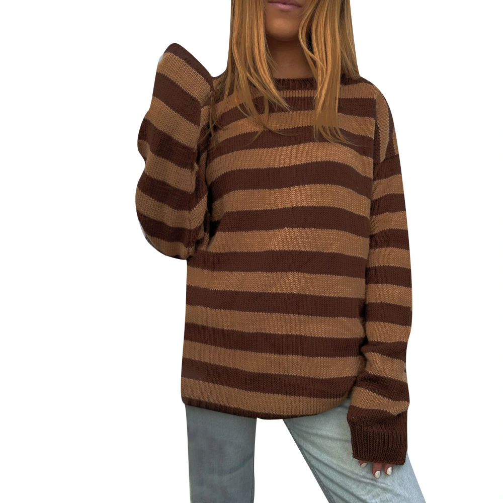 Women Stripe Patchwork Knitwear Sweater, Long Sleeve Round Neck