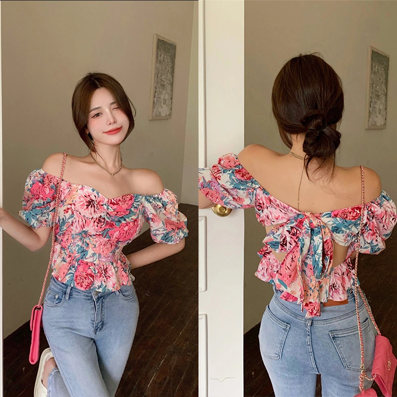 Tie-up Flower Print Puff Sleeve Square Collar Ruffle Cutout T-shirt