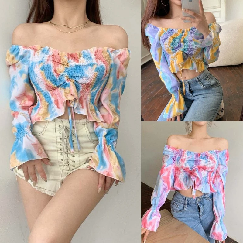 Women’s Tie-dye Drawstring Exposed Navel Slim Fit Long Sleeve T-shirt