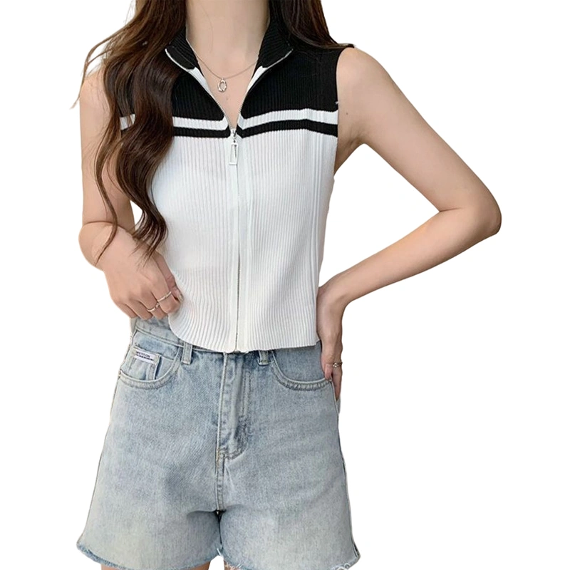 Women Summer Tank Tops, Contrast Color Sleeveless Zip-Up Vest Tops