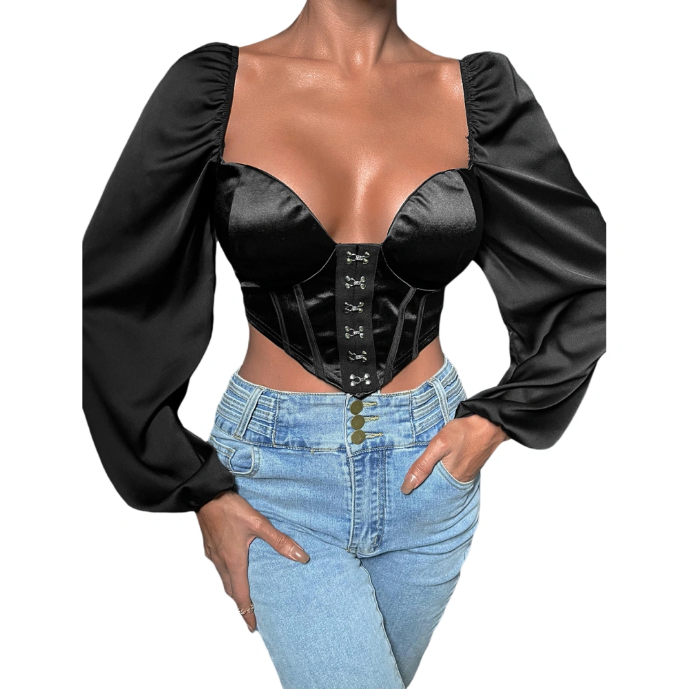 Women Crop Tops, Long Sleeve Sweetheart Neck Hook and Eye Ladies Tops