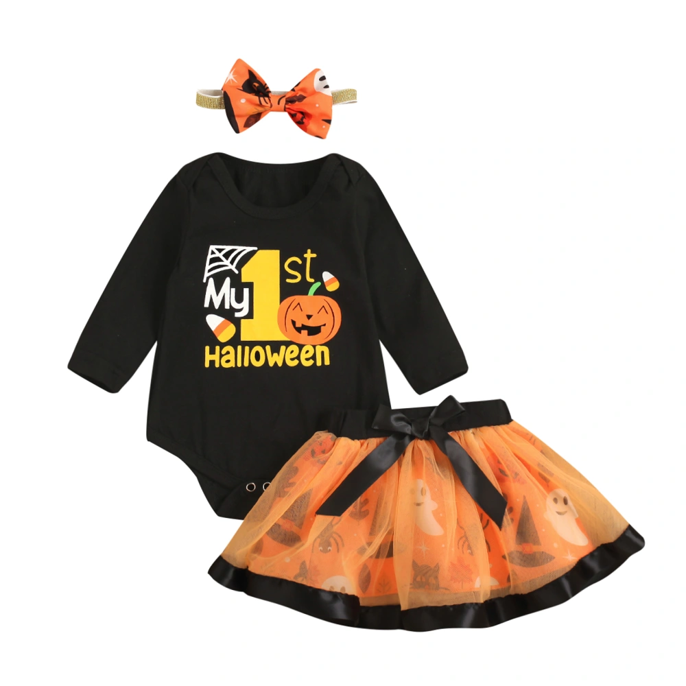 Toddler My  First Halloween Romper + Mesh Skirt + Bow Headband