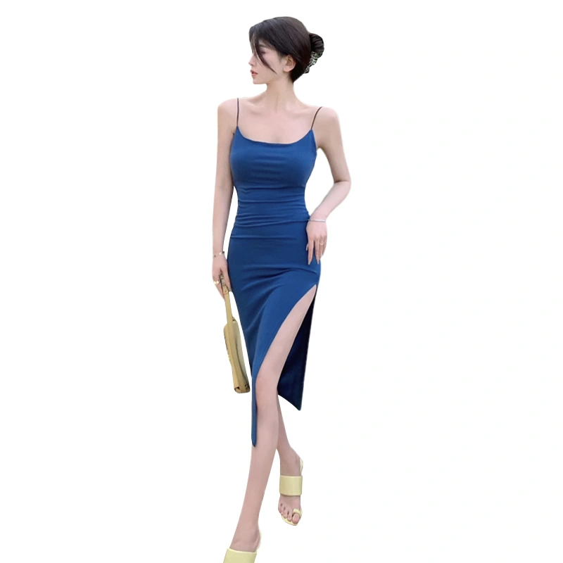 Women Sleeveless Dress with Solid Color, Thigh Slit Skinny Clothing