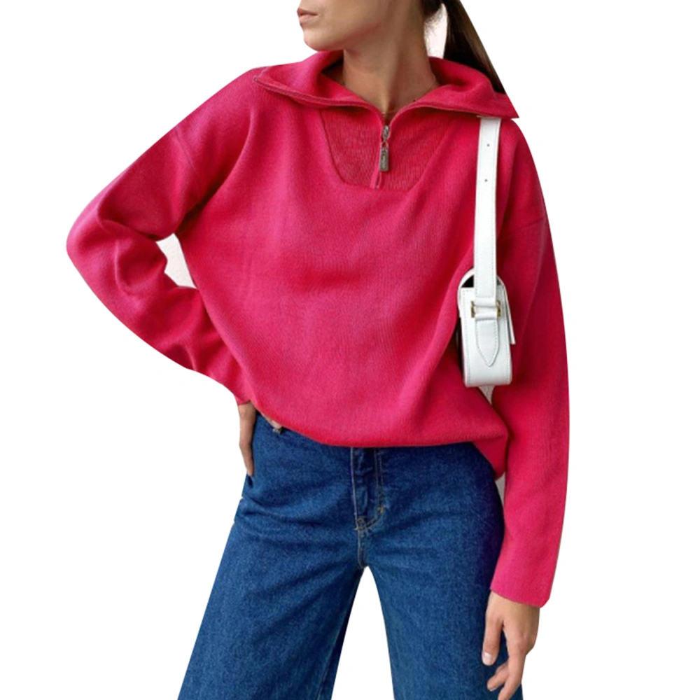 Women's Sweater, Solid Color Long Sleeve Zipper Lapel Knitted Pullover