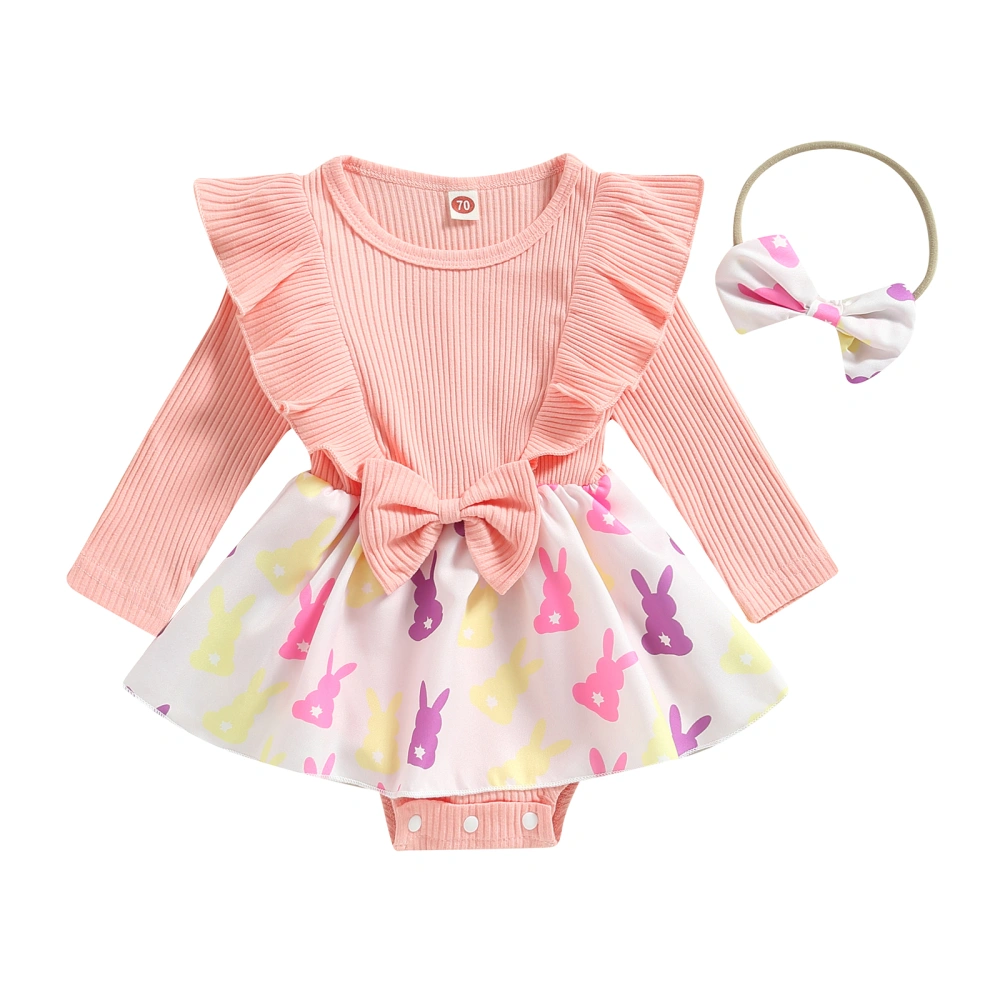 Easter Girls Romper Dress Bunny Print Ruffle Jumpsuits and Headband