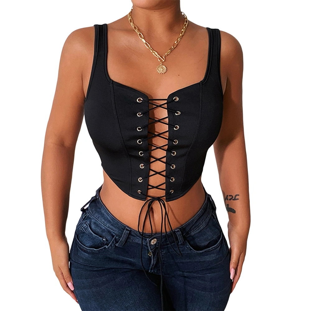 Women's Vest Square Neck Drawstring Tops Summer Wrapped Shirt 