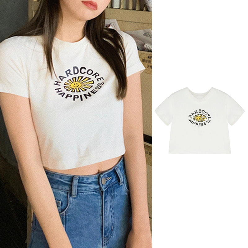 Women’s Letter Printing Round Neck Exposed Navel Short Sleeve T-shirt