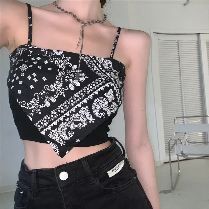 Women’s Spaghetti Strap Camisole, Paisley Hanky Hem Crop Cami Tops