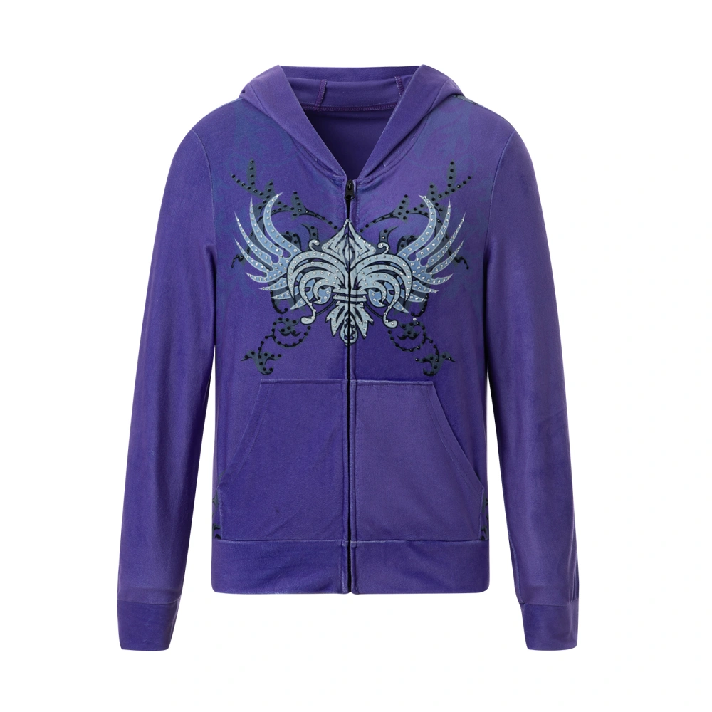 Short Hooded Sweatshirt, Rhinestone Wing Pattern Cardigan with Pockets