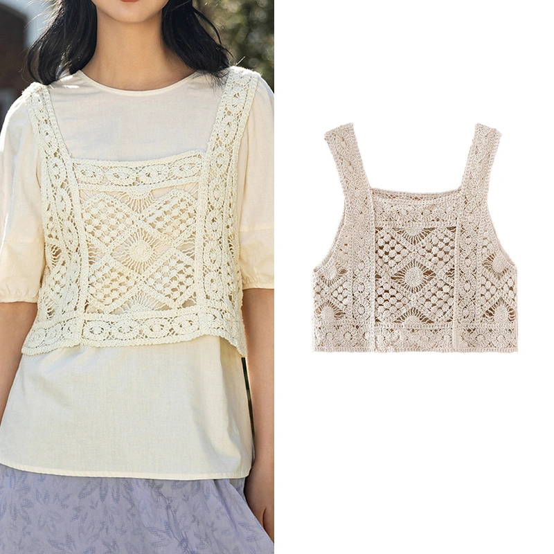 Women Knitted Vest, Square Collar Sleeveless Hollow Out Crop Tops