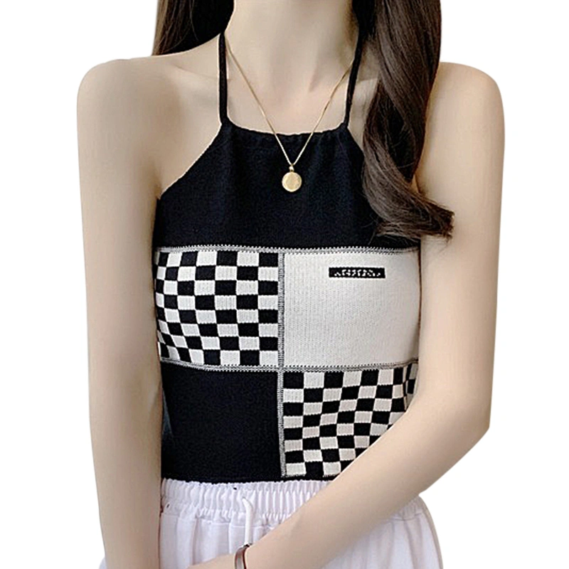 Women Halter Tanks Tops with Plaid Patchwork, Navel Backless Clothing