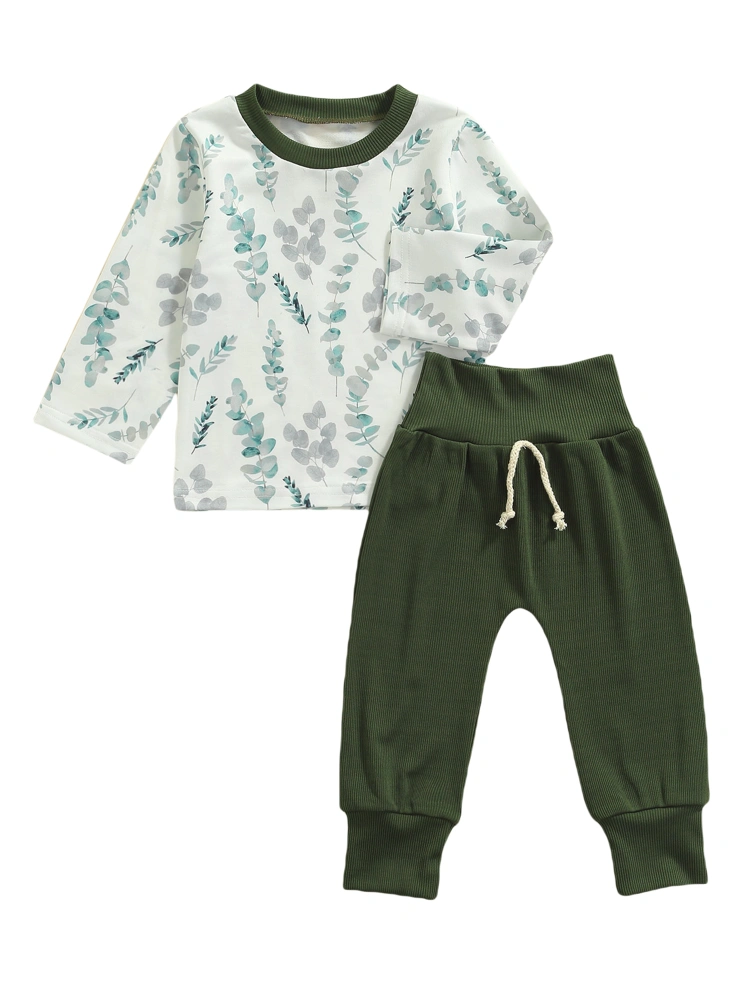 Kids Clothes Set, Leaves Printing Pullover and Solid Color Pants