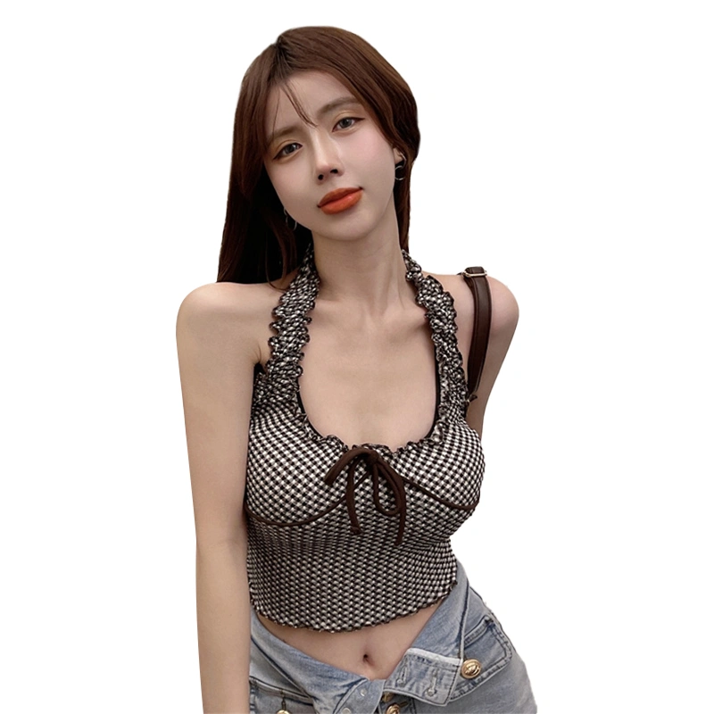 Women Summer Crop Tops, Halter Plaid Print Bow-Knot Ruffled Short Tops