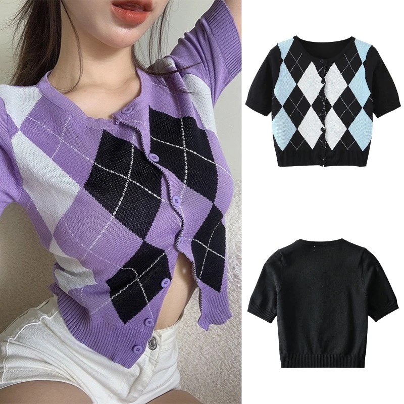 Button Down Argyle Pattern Short Sleeve Round Neck Knit Crop Top