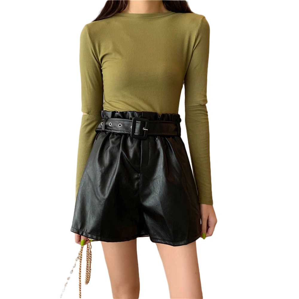 Women PU Leather Shorts, Pleated Waist Adjustable Belt Pants