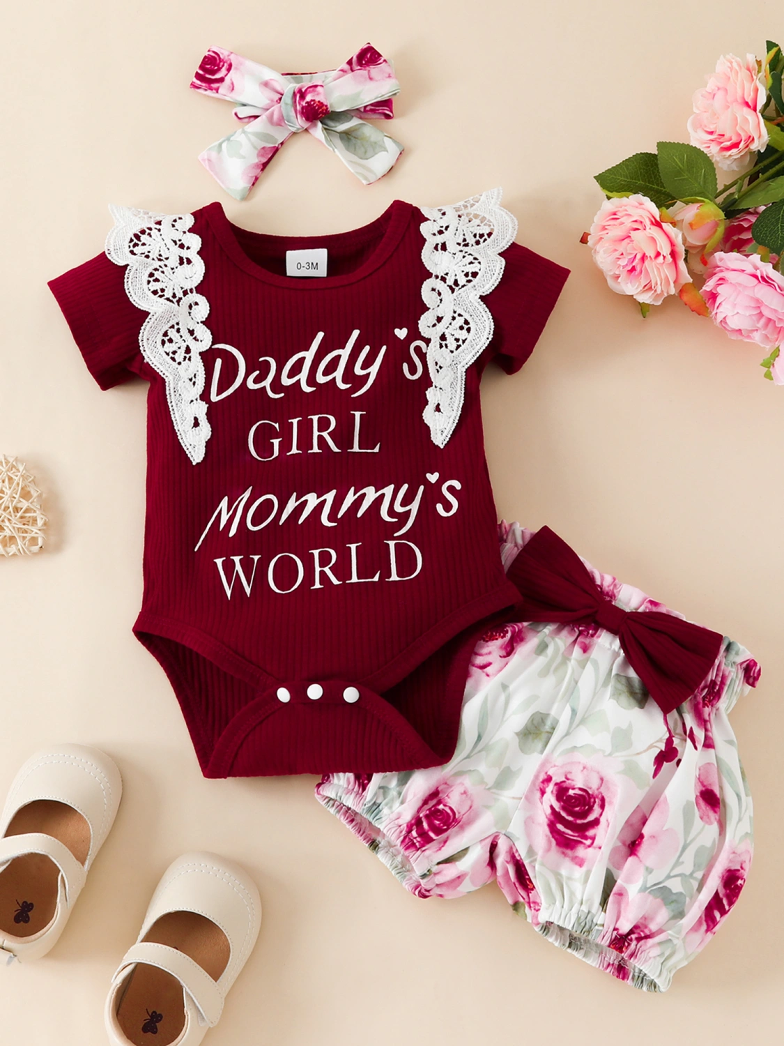 Girls Knitting Romper Tops Floral Short Pants Headband Outfits 