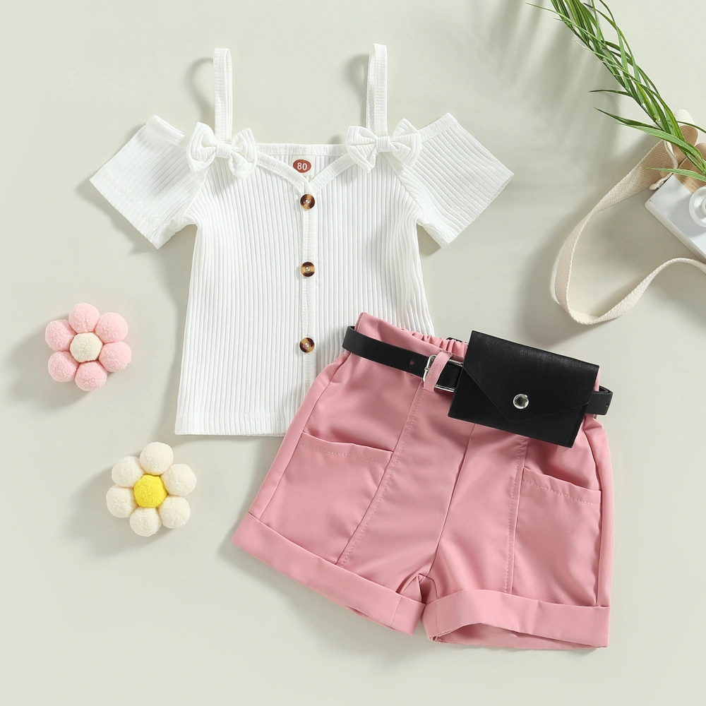 Girls Shorts Set Short Sleeve T-shirt + Rolled Hem Shorts + Waist Bag