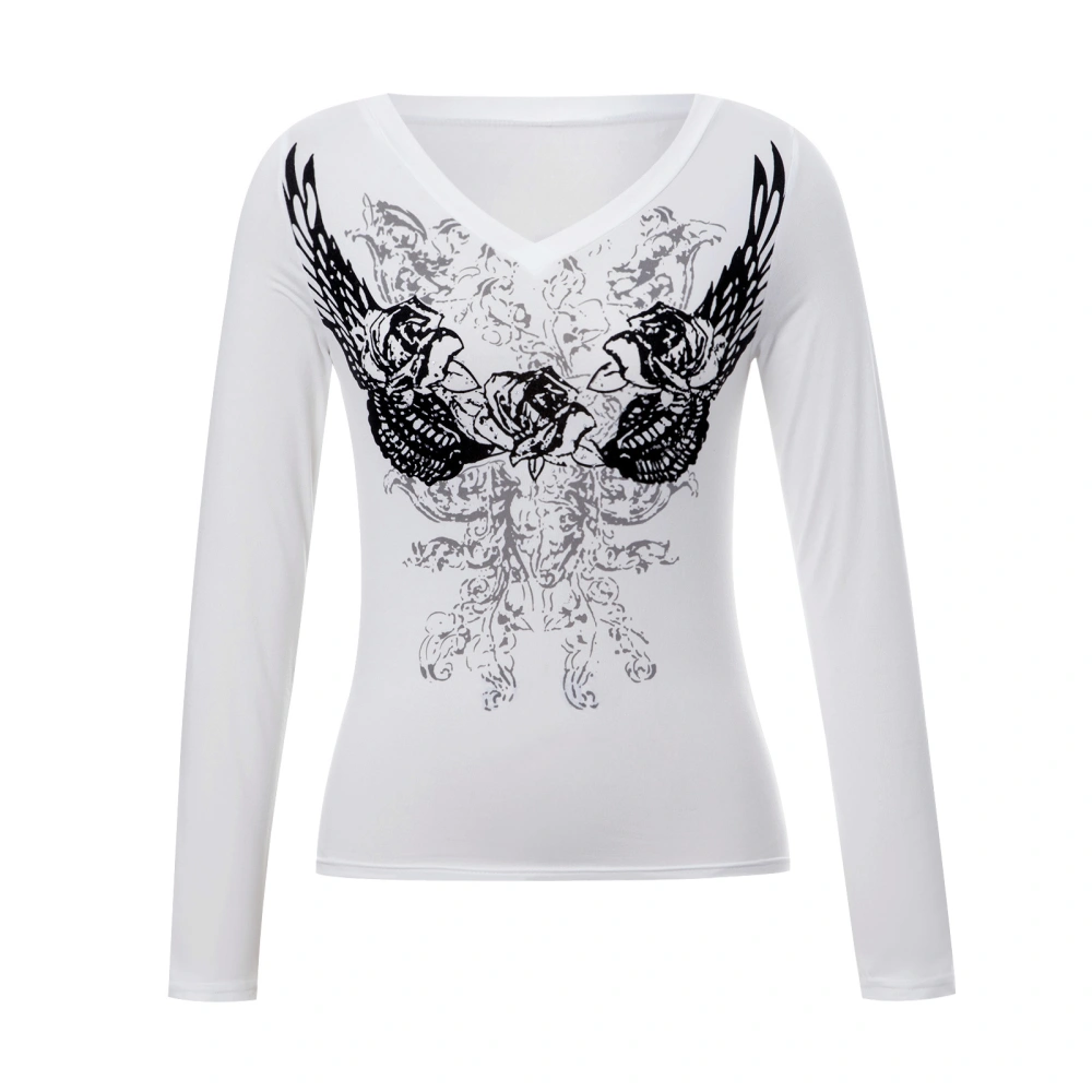 See-through Angel Wing & Rose Print Long Sleeve V-neck T-shirt