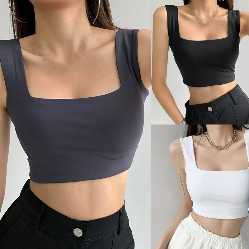 Women’s Fashion Solid Color Square Collar Exposed Navel Camisole