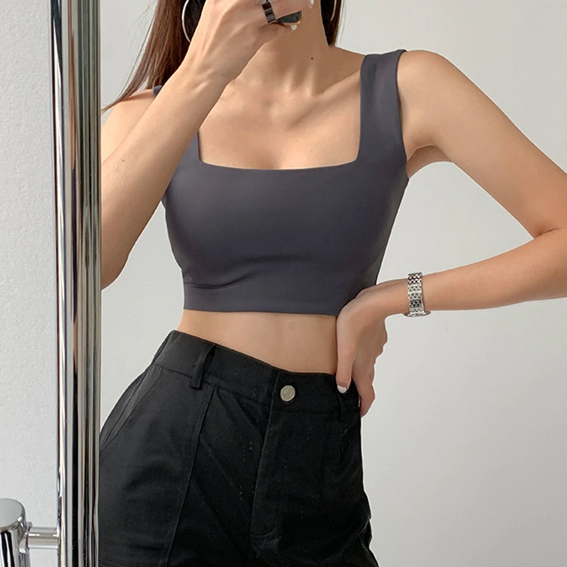 Women’s Fashion Solid Color Square Collar Exposed Navel Camisole