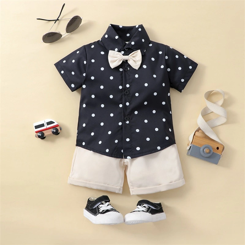 Boys Gentleman Outfits Summer Button Up Shirt with Bow Tie and Shorts