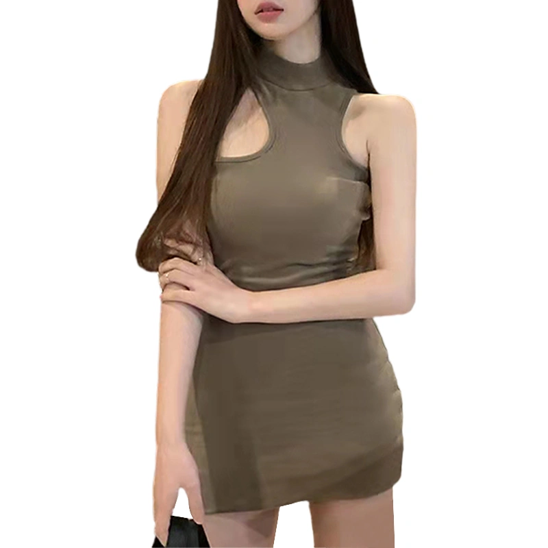 Female Dress, Solid Color Mock Neck Sleeveless Package Hip One-Piece