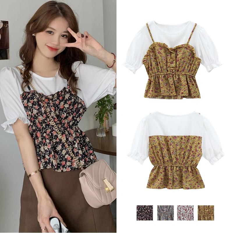 Women Floral Tops, Short Sleeve Frill Trim Patchwork T-Shirts