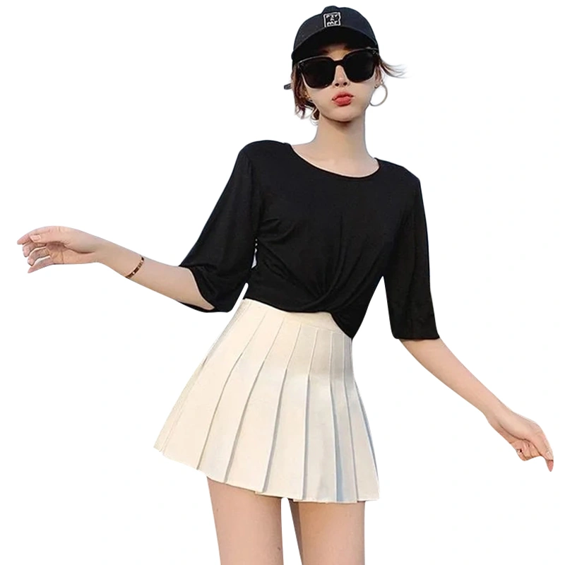 Women Pleated Skirt, Solid Color Elastic High Waist Skater Skirt