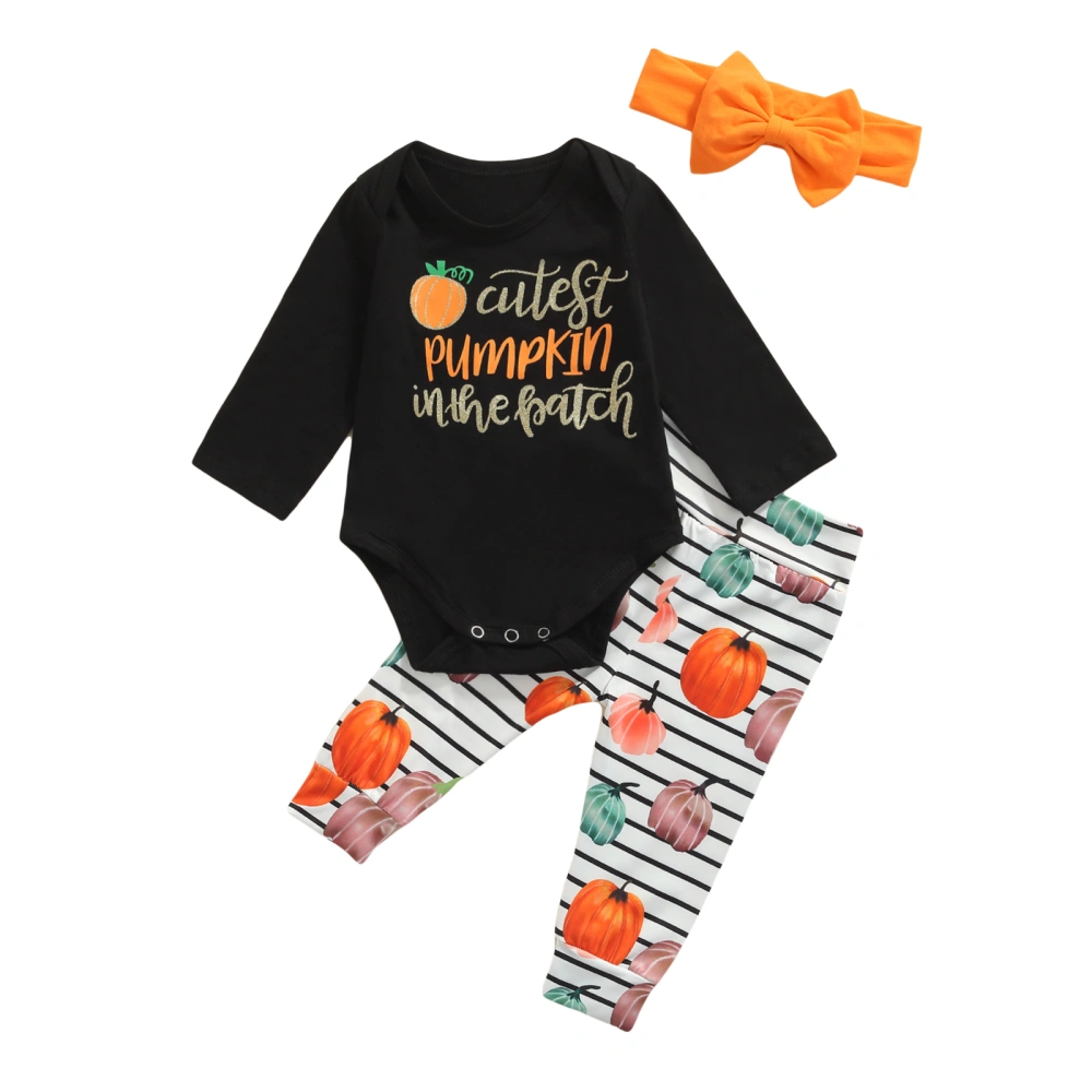 Pumpkin & Letter Print Playsuit + Striped Trousers + Bow Headband