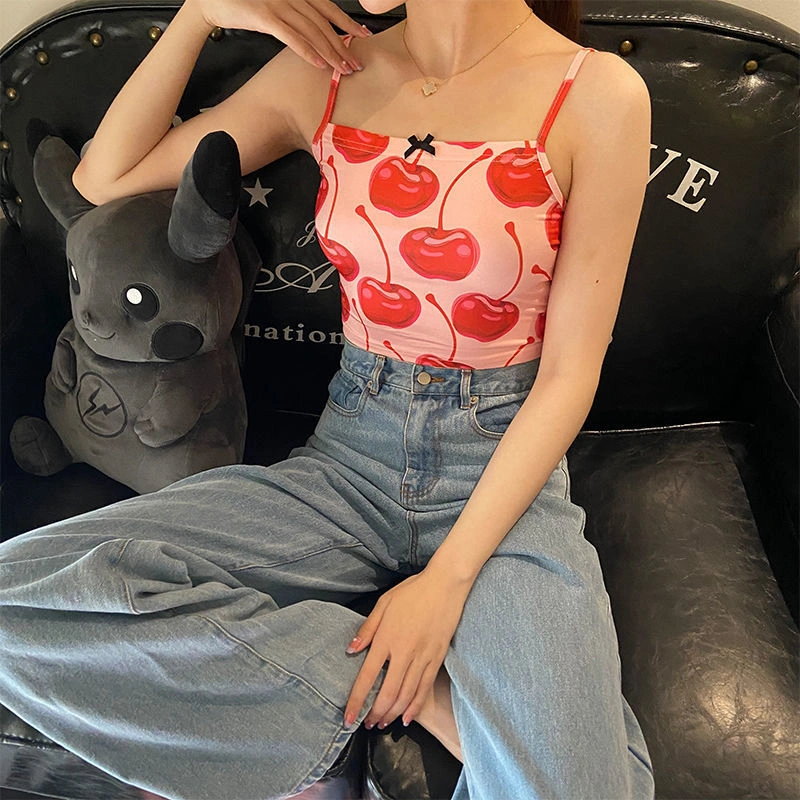 Women Camisole, Pink Cherry Printing Boat Neck Sleeveless Tops