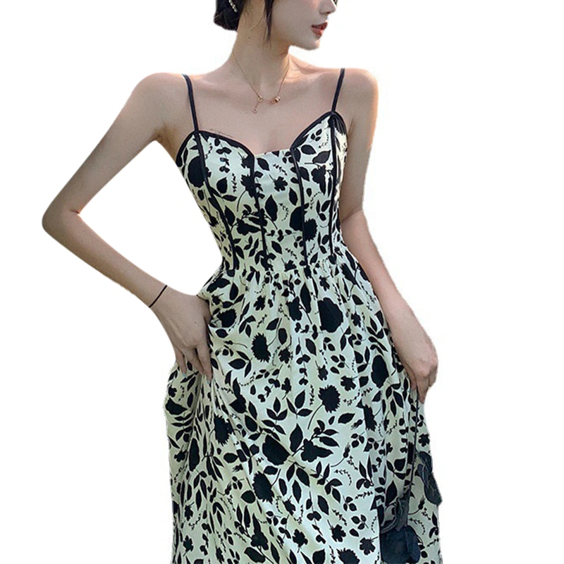 Women Spaghetti Strap Dress Floral Printed Elegant Summer A-line Dress