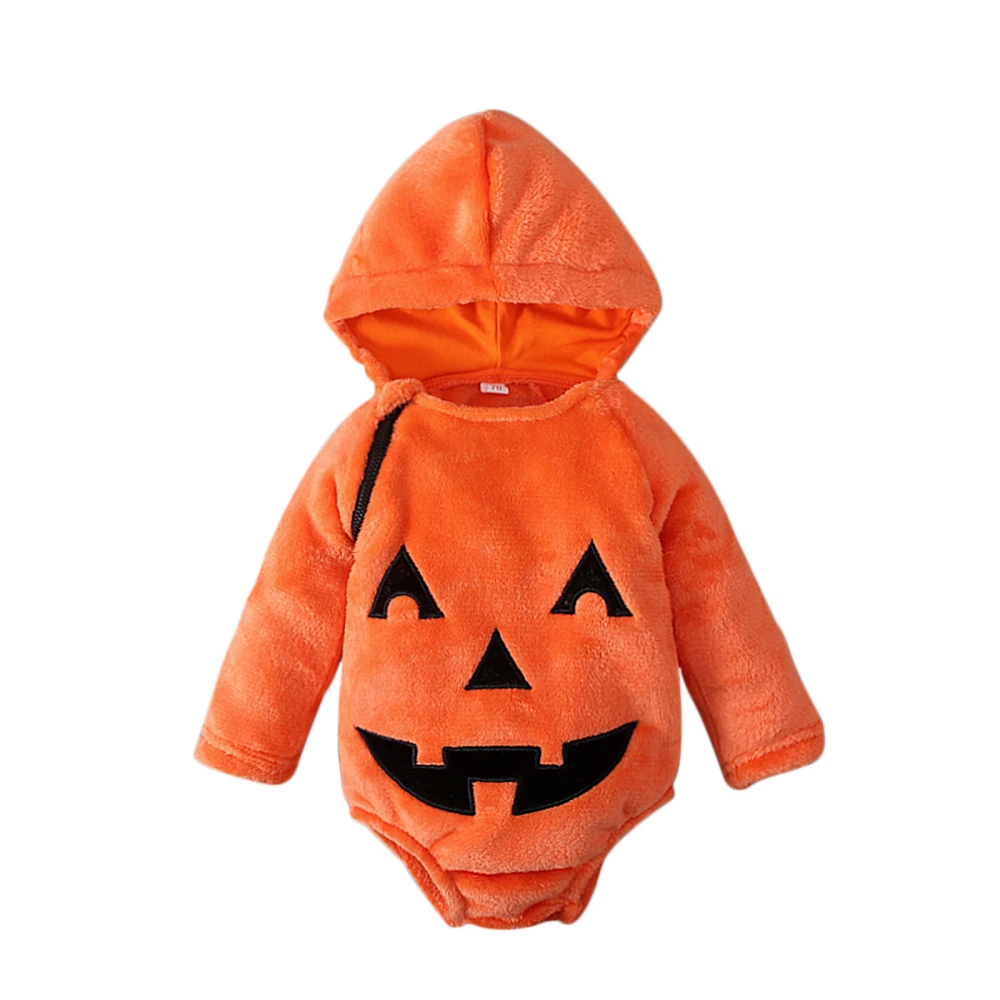 Babies Hooded Romper, Orange Pumpkin Face Applique Pattern One-piece