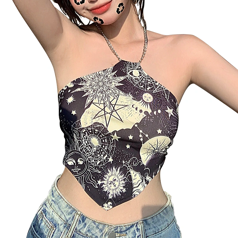 Women’s Irregular Printing Backless Exposed Navel Chain Halter Vest