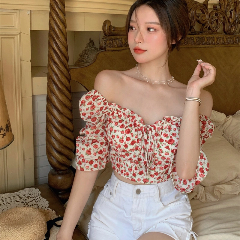 Women Floral Crop Tops, Short Puff Sleeve Off Shoulder Tie Up T-Shirts