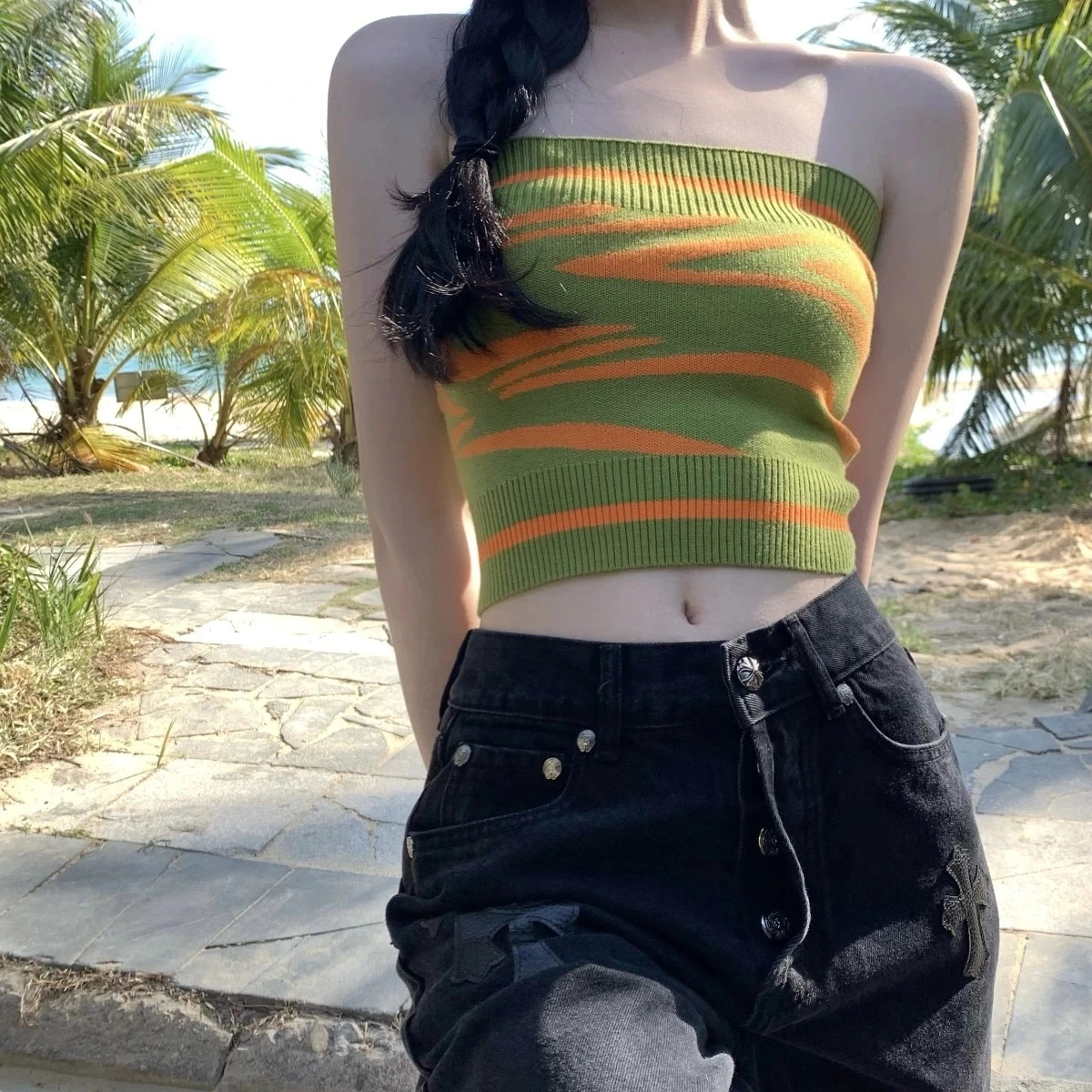 Women Strapless Tops, Knitted Striped Off-Shoulder Crop Tops