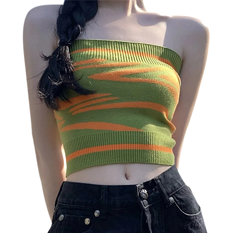 Women Strapless Tops, Knitted Striped Off-Shoulder Crop Tops