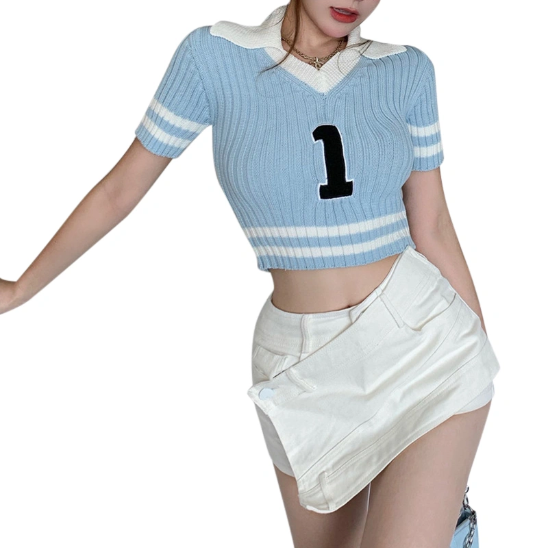 Women Knit Lapel Short Sleeve Tops Number Pattern, Skinny Clothing