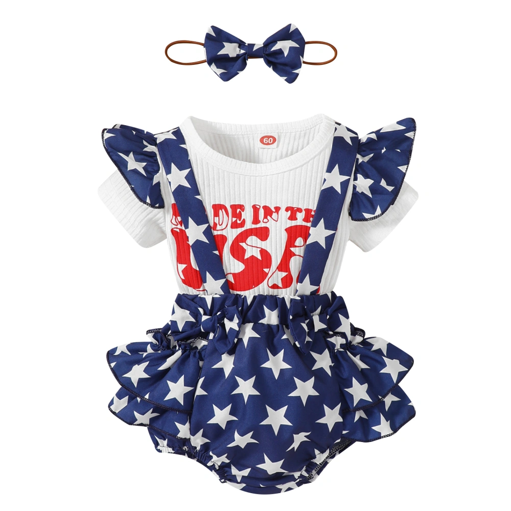 Girl Romper Independence Day Suspender Short Pants Head Band Suit