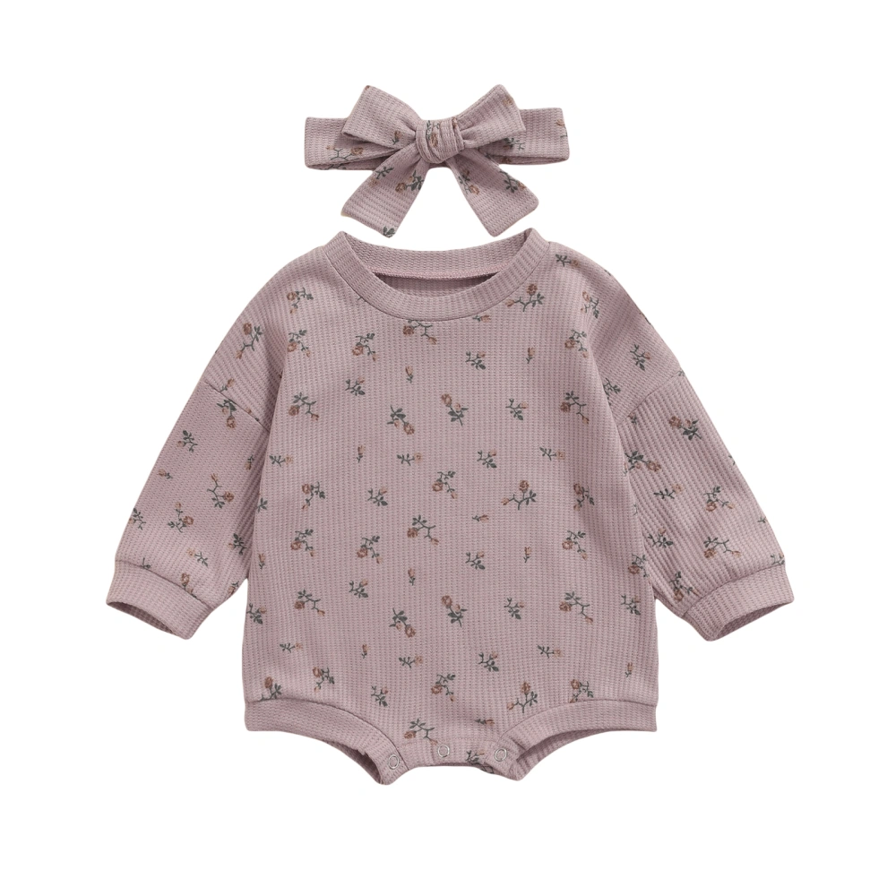 Infant Long Sleeve Romper + Bow Headband, Flower Round Neck Clothing